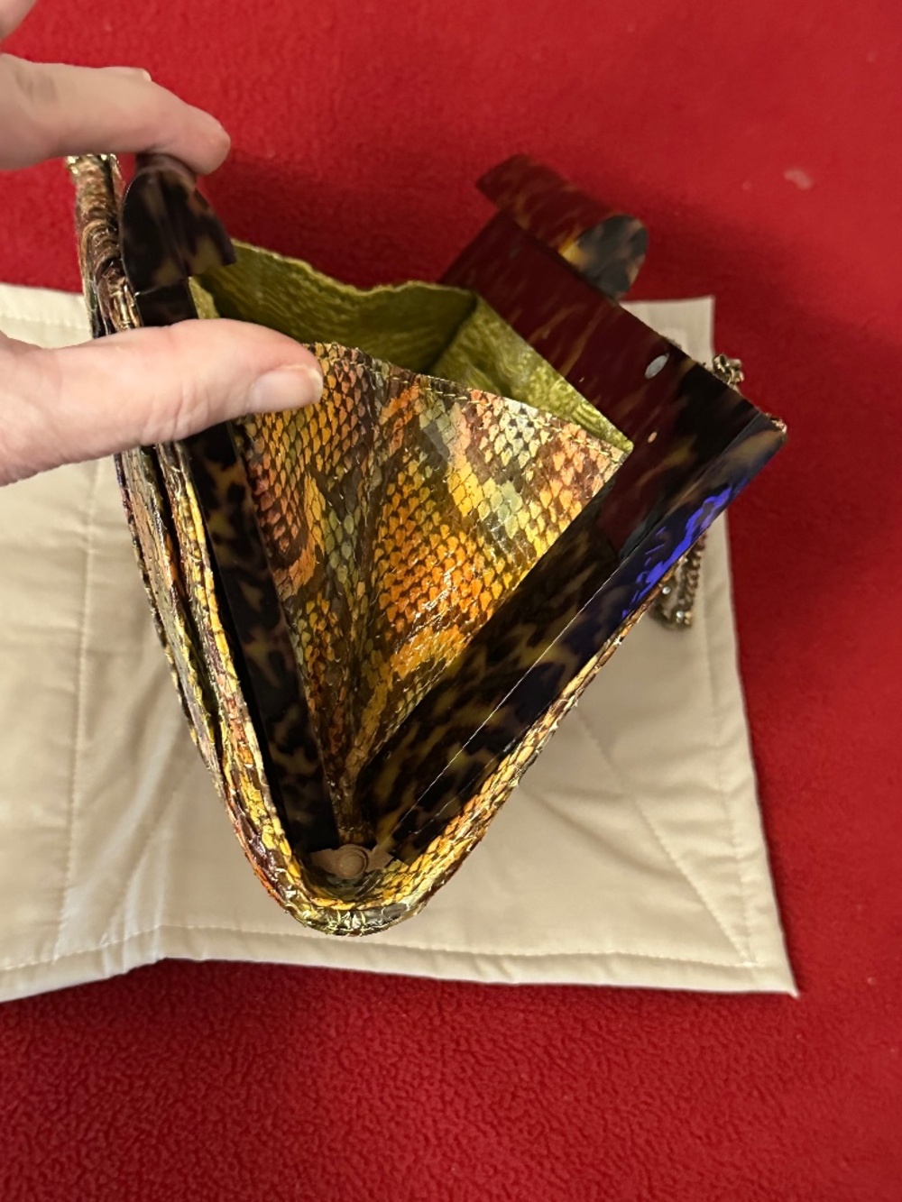 Kotur Multicolor Python Clutch Crossbody Tortoiseshell Frame Chain Bag Vintage - Picture 5 of 16